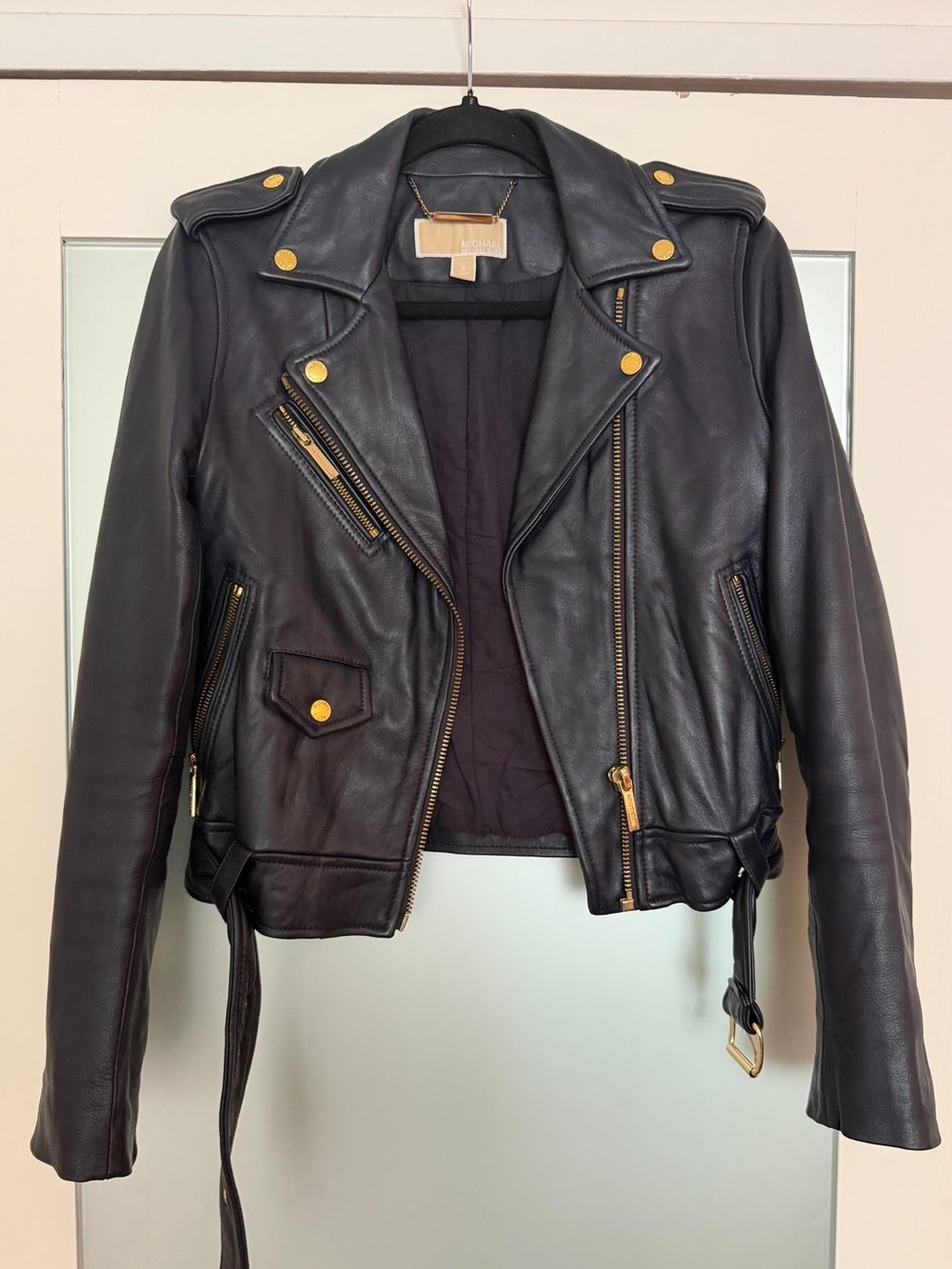 Genuine Leather Michael Kors Navy Moto Jacket with Gold Hardware